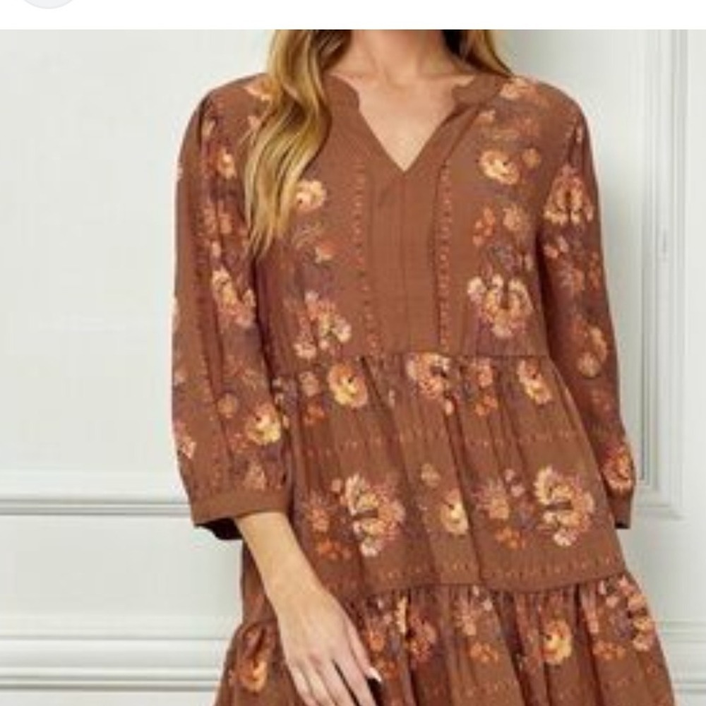 Fig Flower Brown Floral Tiered Midi Dress 3/4 Sleeve‎ L bohemian chic prariecore